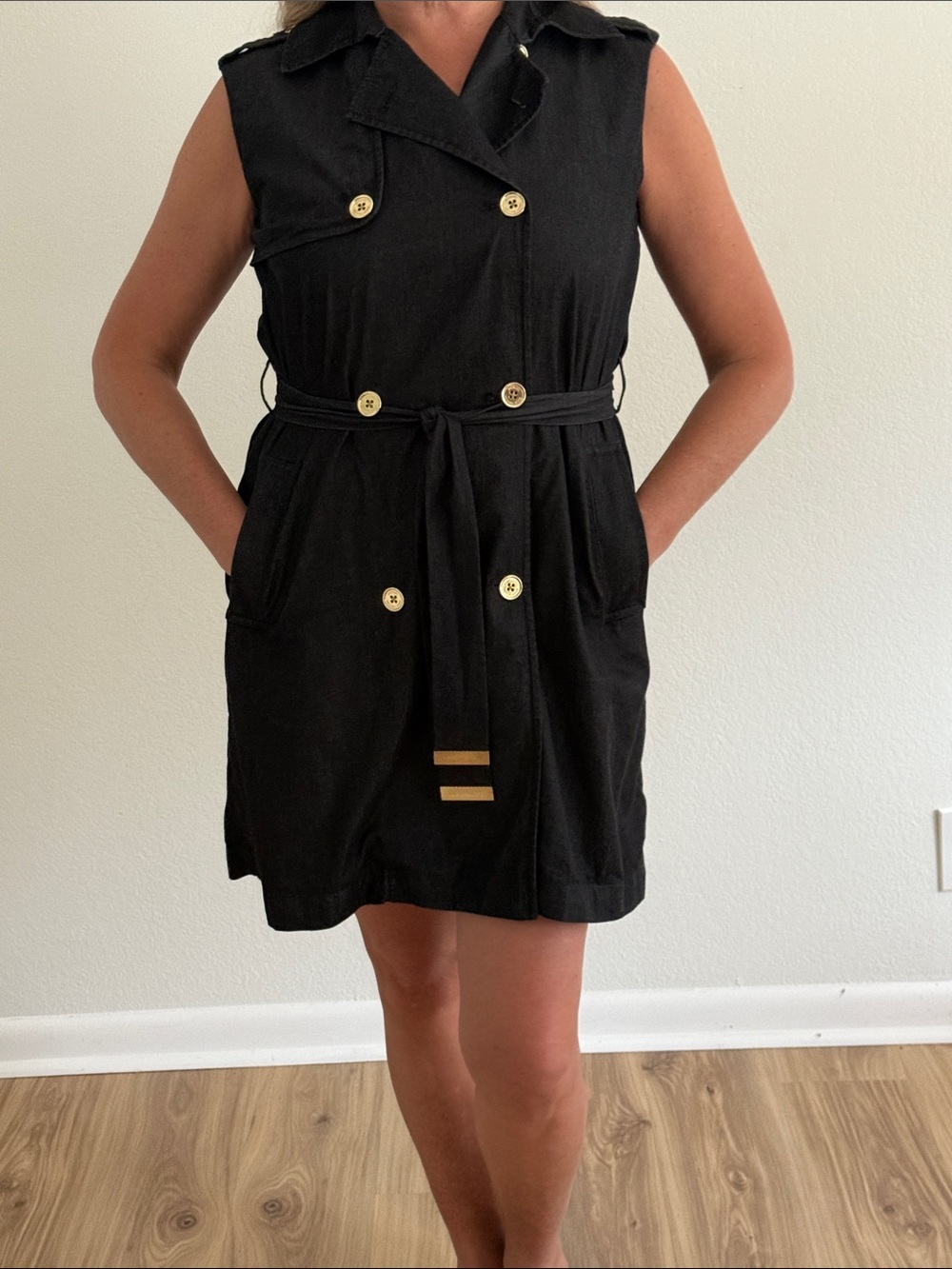 Michael Kors Black Sleeveless Trench Dress with Gold Accents